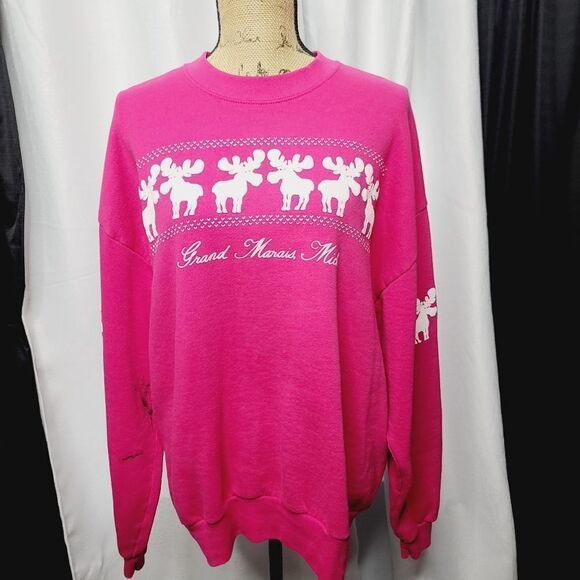 Vintage 80s Jerzees Barbiecore Hot Pink Moose Crewneck Pullover Sweatshirt - Picture 3 of 14